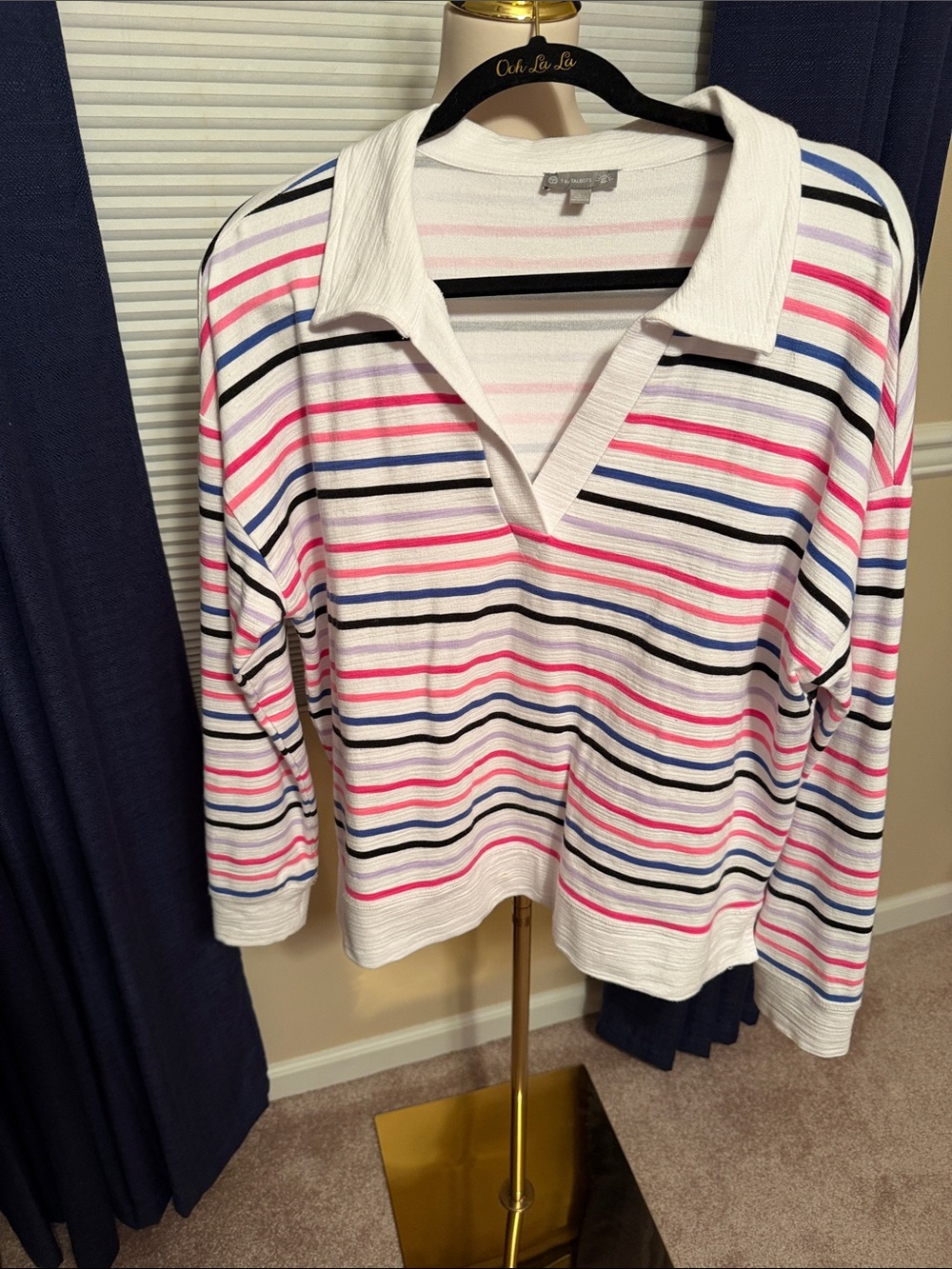 T by Talbots - Striped Collared Pullover - White with Multi colored  Stripes - L